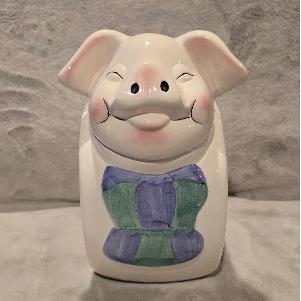 Vintage Ceramic Pig With a Bib Cookie Jar White Pink Smiling Piggy Jar 9.5